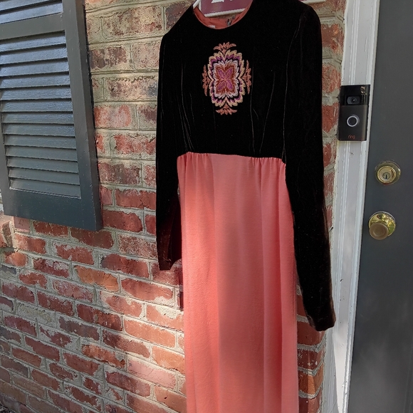 Designer Vntg 70s Cottagecore Maxi Dress 11 Peach Brown Velvet Flower Retro Boho - Picture 12 of 16